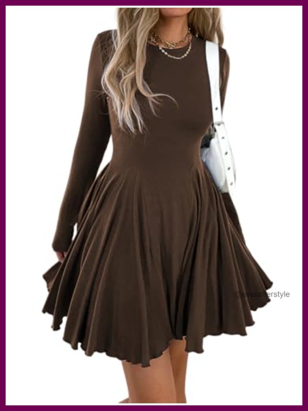 Women's Long Sleeve Pleated A-Line Swing Dress Stretchy Mini Casual